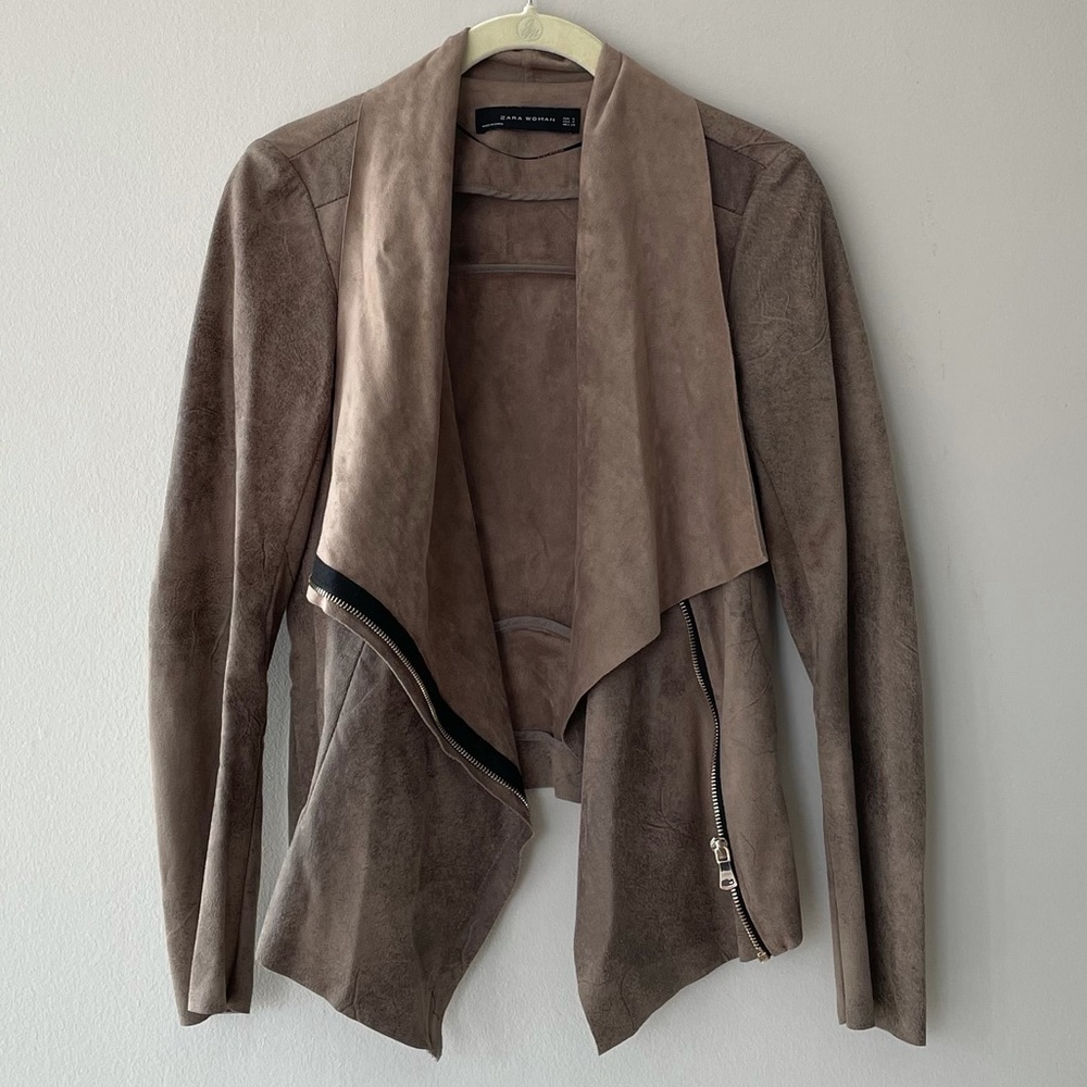 Zara Light Brown Suede Zip-Up Long-Sleeve Jacket